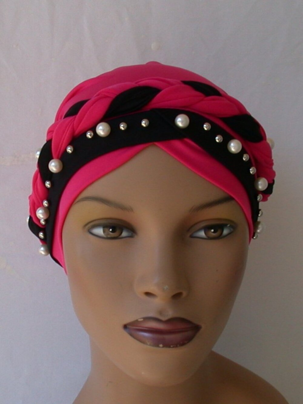 Pink/Black Instant Turban Trendy Cap  Braided Pearl Bead Fashion Hijab Headcover